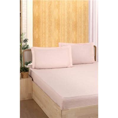 Простынь Карвен Stripe Satin на резинке+наволочки 160*200 +33см/ 50*70(2)+5см сатин somon/персиковый (Акция)