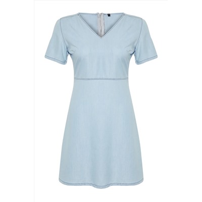 Голубое v -neck mini denim denim tbbss24ah00157