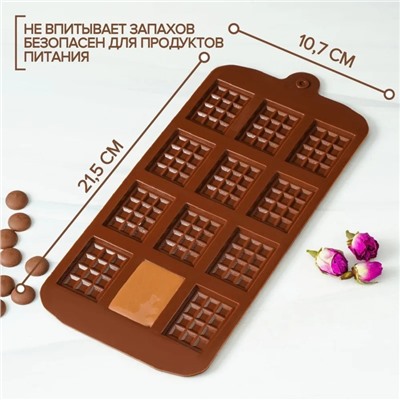 Форма для шоколада Доляна «Плитка», силикон, 21×11 см, 12 ячеек (2.7×3.9 см), коричневая