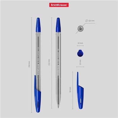 Ручка шариковая ErichKrause R-301 Classic Stick, узел 1.0 мм, чернила синие, длина линии письма 2000 метров, штрихкод на ручке