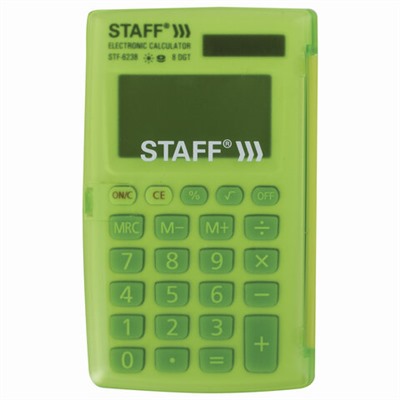 Калькулятор карманный STAFF STF-6238 (104х63 мм), 8 разрядов, двойное питание, БЕЛЫЙ С ЗЕЛЁНЫМИ КНОПКАМИ, блистер, 250283
