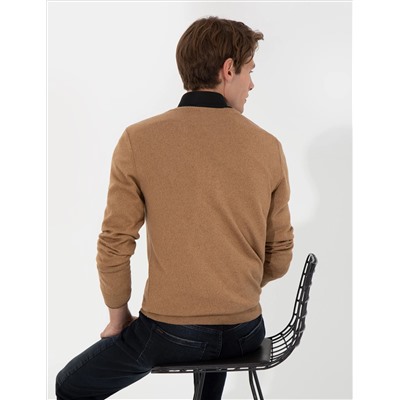 Camel Melange Slim Fit V-образный свитер с V-образным вырезом Базовый трикотажный