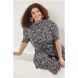Black Flower Patterned Cattern вязание блузки большого размера TBBSS25AF00084