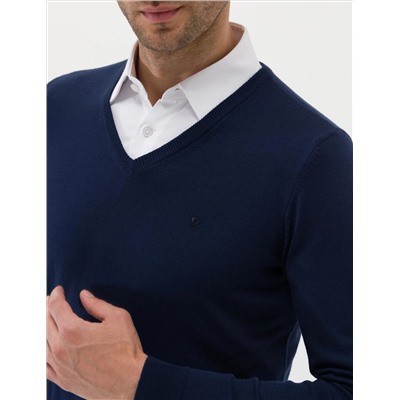 Открытый темно -синий Slim Fit V Neck Basic вязаной свитер