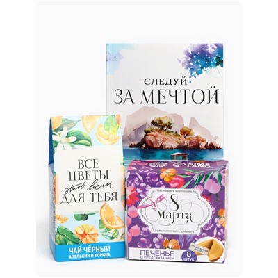 Подарочный набор «Следуй за мечтой»: чай чёрный с апельсином 50 г., печенье с предсказаниями 48 г (8 шт. х 6 г)., ежедневник 80 листов