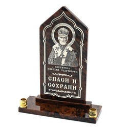Икона из обсидиана на подставке купол "Николай Чудотворец" 2свечи 100*40*130мм