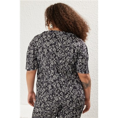 Black Flower Patterned Cattern вязание блузки большого размера TBBSS25AF00084