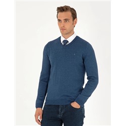 Indigo melanj Slim Fit v Neck Basic вязаный свитер