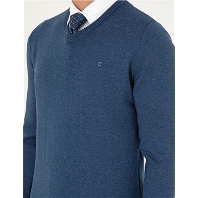 Indigo melanj Slim Fit v Neck Basic вязаный свитер
