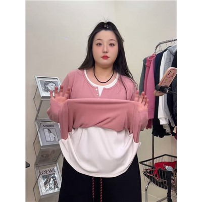 Лонгслив в рубчик с имитацией нижней майки для девушек Plus Size