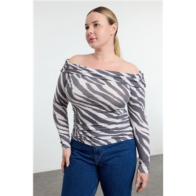Ecru-Gray с рисунком Carmen воротник Viscose вязание Big Size Blouse TBBAW25AF0002020
