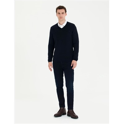 Темно -синий Slim Fit V Шея Основной вязаный свитер