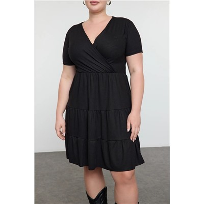 Черное v -v -neck stakter вязание большого размера платье TBBSS22EL1638