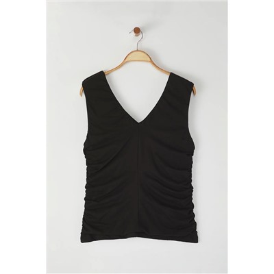 Черный v -v -neck Shirred 100 %хлопковой вяза