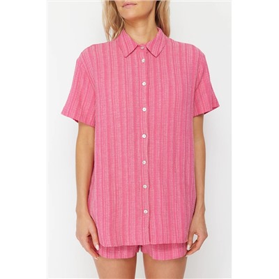 Fuchsia Woven Linen Linen Mixed Shirt Short Beach Set Tbess23au00054