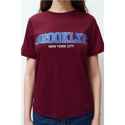 Burgundy 100 %хлопковой лозунг с печатью/нормальная вязаная футболка Twoss24TS00138
