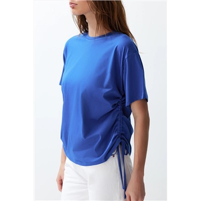 Saks 100 %хлопок обратно отпечатано Shirred негабаритный/широкий нарезанный велосипедный воротник футболка Twoss23ts00150