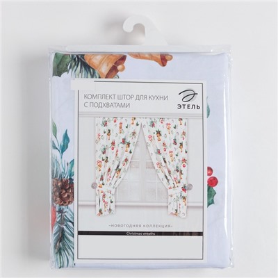 Комплект штор для кухни с подхватами Christmas wreaths 145×180 см - 2 штуки, габардин