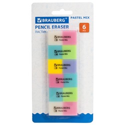 Набор ластиков BRAUBERG "Pastel Mix", 6 шт., цвета ассорти, 44х21х10 мм, экологичный ПВХ, 229597
