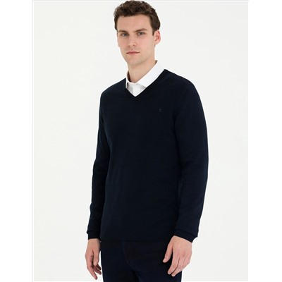 Темно -синий Slim Fit V Шея Основной вязаный свитер