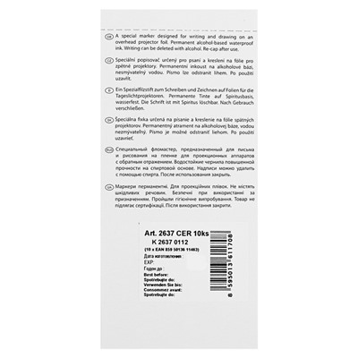 Маркер для OHP перманентный 2.5 мм, линия 1.0 мм, Centropen 2637M, цвет чёрный