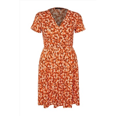 Оранжевый эскиз v -neck цветочный вязаный вязаный платье TBBSS22EL1638