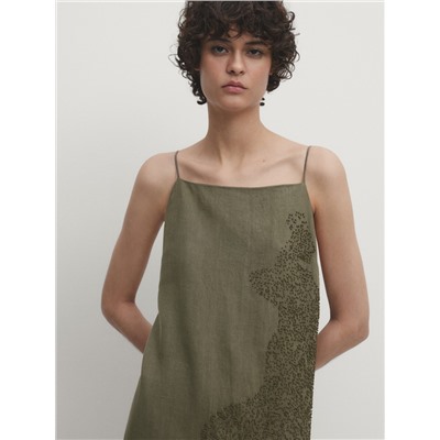 Linen blend midi dress with embroidery detail