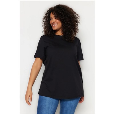 Black Petroleum Boyfry Boyfry Bicycle Neck Slit 100 %хлопковая вязаная футболка TBBSS22BF0031
