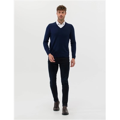 Открытый темно -синий Slim Fit V Neck Basic вязаной свитер