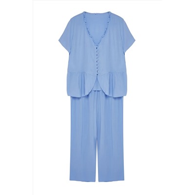 Blue V -Neck Button Woven Pajama Set TBBSS24AI00062