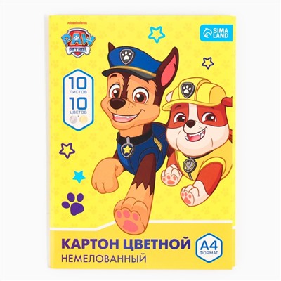 Цветной картон, А4, 10 листов, 10 цветов, немелованный, односторонний, в папке, 220 г/м², «Щенячий патруль»