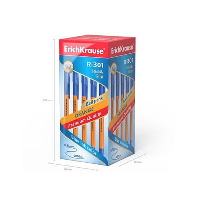 Ручка шариковая ErichKrause R-301 Orange Stick & Grip, узел 0.7 мм, чернила синие, резиновый держатель, длина линии письма 2000 метров