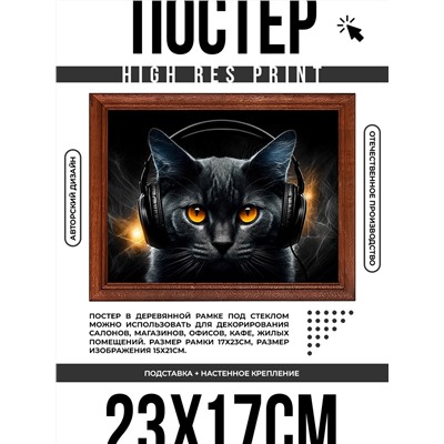 POSG-0321 Постер в рамке 23x17см Чёрный кот в наушниках