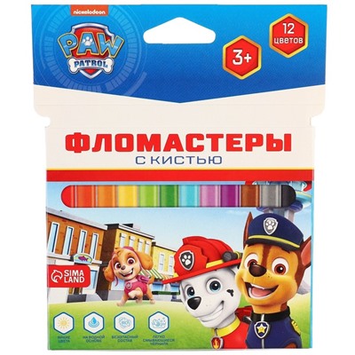 Фломастеры 12 цветов, с кистью, «Щенячий патруль»
