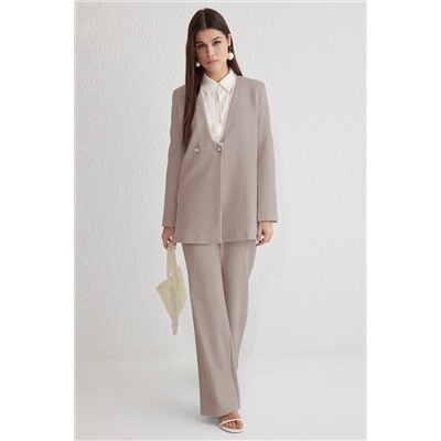 Beige Pearl Detail Jacket-Pantolone Плетена