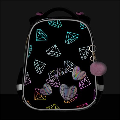 Ранец BRAUBERG LUMINOUS, 2 отделения, с брелоком, "Diamonds", СВЕТЯЩИЙСЯ РИСУНОК, 38х29х16 см, 272070