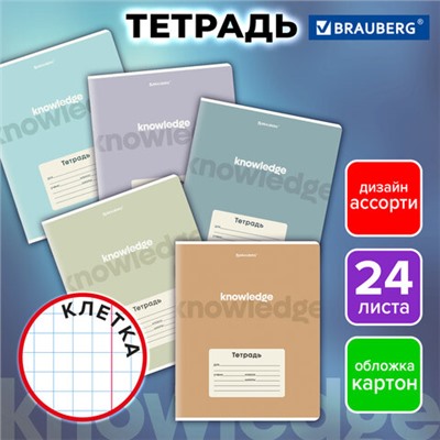 Тетрадь 24 л. BRAUBERG клетка, обложка картон, KNOWLEDGE, 107305
