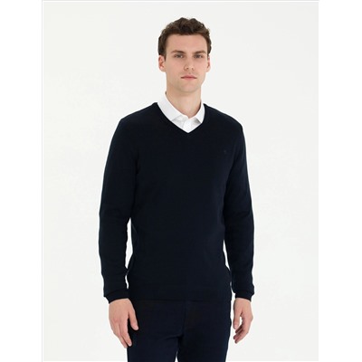 Темно -синий Slim Fit V Шея Основной вязаный свитер