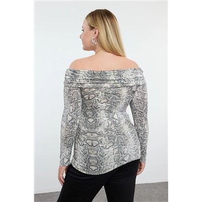 Beige Snake Patchered Catterned Carmen воротник Viscose вязание большие размеры блузка TBBAW25AF00020