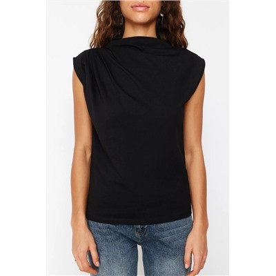 Черная лодочная воротник с нулевым рукавом футболка Shirred вязание Twoss24ts00051