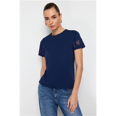 Navy Blue Brode Detred Обычный/базовый вязаный вязание плесени TWOSS24TS00068