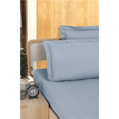 Простынь Карвен Stripe Satin на резинке+наволочка 100*200 +33см/ 50*70(1)+5см сатин indigo/индиго (Акция)
