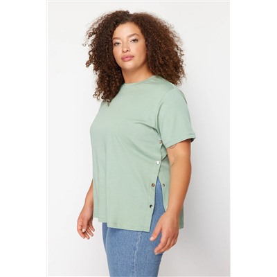 Mint Green Boyfry Fit Side на стороне по-прежнему на 100 %хлопчатобумажную вязание футболка с большим размером TBBSS24BF00000