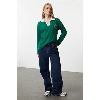 Emerald Green Polo Almodery и Poplin Detailmed Full/Wide Flom Thritt