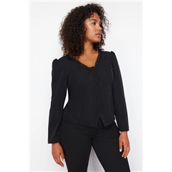 Черное кружево v -neck кнопка большого размера тканая блузка TBBSS24AF00091