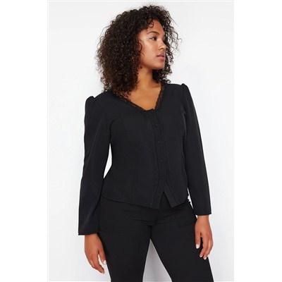 Черное кружево v -neck кнопка большого размера тканая блузка TBBSS24AF00091