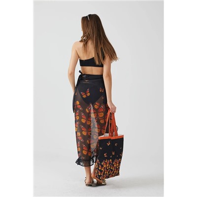 Ays Home Fashion Черное пляжное платье парео с узором бабочки и оборками