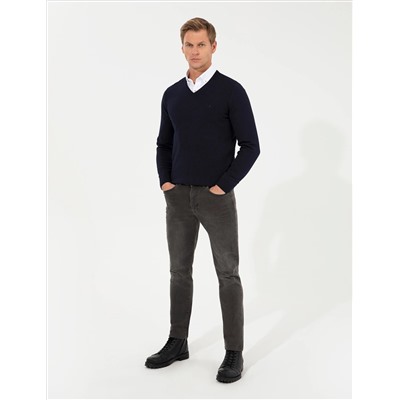 Темно -синий Slim Fit V Шея Основной вязаный свитер