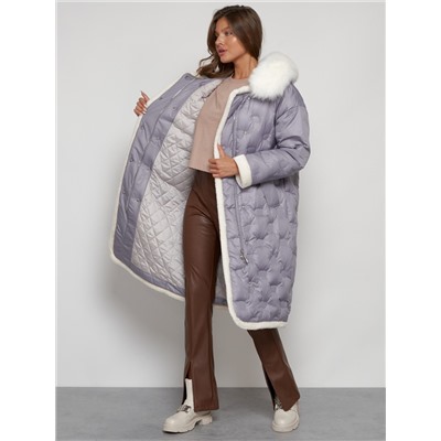 Пальто утепленное с капюшоном зимнее женское серого цвета 132290Sr