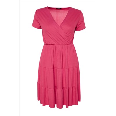 Fuchsia v -neck Volan вязание платье большого размера TBBSS23AH00030